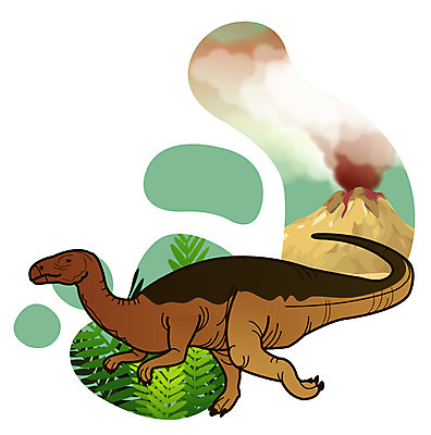 EPS 식물 동물 척추동물 캐릭터 한마리 일러스트 파충류 사람없음 풀 풀잎 연기 폭발 공룡 화산 분출 분화구 용암 화산폭발 공룡캐릭터 멸종 중생대 활화산 백악기 초식 캄프토사우루스 일러캐릭터 1 잎 산 풀_식물 역사 파일형식 벡터