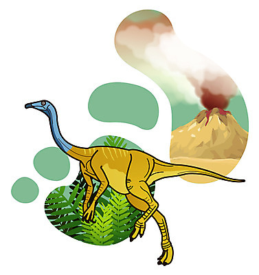 EPS 식물 동물 척추동물 캐릭터 한마리 일러스트 파충류 사람없음 풀 풀잎 연기 폭발 공룡 화산 분출 분화구 용암 화산폭발 공룡캐릭터 육식 멸종 중생대 활화산 백악기 오르니토미무스 일러캐릭터 1 잎 산 풀_식물 역사 파일형식 벡터