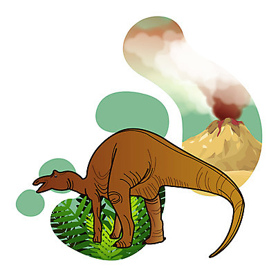 EPS 식물 동물 척추동물 캐릭터 한마리 일러스트 파충류 사람없음 풀 풀잎 연기 폭발 화산 분출 분화구 용암 화산폭발 공룡캐릭터 멸종 중생대 활화산 마이아사우라 백악기 초식 일러캐릭터 1 잎 산 풀_식물 역사 공룡 파일형식 벡터