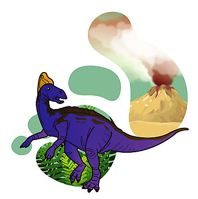 EPS 식물 동물 척추동물 캐릭터 한마리 일러스트 파충류 사람없음 풀 풀잎 연기 폭발 공룡 화산 분출 분화구 용암 화산폭발 공룡캐릭터 멸종 중생대 활화산 백악기 초식 코리토사우루스 일러캐릭터 1 잎 산 풀_식물 역사 파일형식 벡터