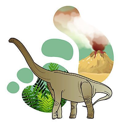 EPS 식물 동물 척추동물 캐릭터 한마리 일러스트 파충류 사람없음 풀 풀잎 연기 폭발 공룡 화산 분출 분화구 용암 화산폭발 공룡캐릭터 멸종 중생대 활화산 백악기 초식 케티오사우루스 일러캐릭터 1 잎 산 풀_식물 역사 파일형식 벡터