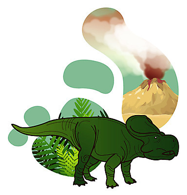 EPS 식물 동물 척추동물 캐릭터 한마리 일러스트 파충류 사람없음 풀 풀잎 연기 폭발 공룡 화산 분출 분화구 용암 화산폭발 공룡캐릭터 멸종 중생대 활화산 백악기 초식 프로토케라톱스 일러캐릭터 1 잎 산 풀_식물 역사 파일형식 벡터
