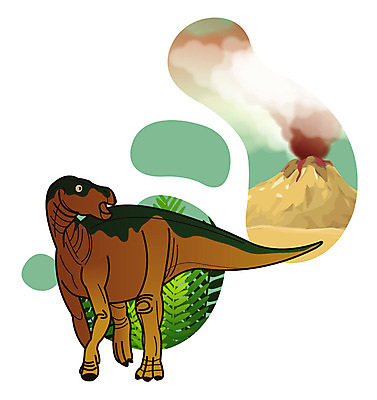 EPS 식물 동물 척추동물 캐릭터 한마리 일러스트 파충류 사람없음 풀 풀잎 연기 폭발 공룡 화산 분출 분화구 용암 화산폭발 공룡캐릭터 멸종 중생대 활화산 백악기 에드몬토사우루스 초식 일러캐릭터 1 잎 산 풀_식물 역사 파일형식 벡터