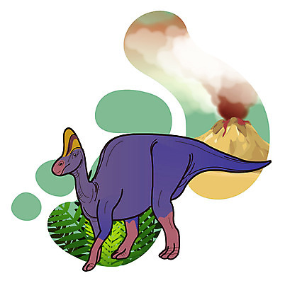 EPS 식물 동물 척추동물 캐릭터 한마리 일러스트 파충류 사람없음 풀 풀잎 연기 폭발 공룡 화산 분출 분화구 용암 화산폭발 공룡캐릭터 멸종 중생대 활화산 백악기 초식 코리토사우루스 일러캐릭터 1 잎 산 풀_식물 역사 파일형식 벡터