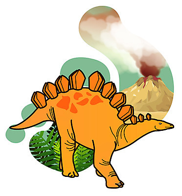 EPS 식물 동물 척추동물 캐릭터 한마리 일러스트 파충류 사람없음 풀 풀잎 연기 폭발 공룡 화산 분출 분화구 용암 화산폭발 공룡캐릭터 멸종 중생대 활화산 백악기 스테고사우루스 초식 일러캐릭터 1 잎 산 풀_식물 역사 파일형식 벡터