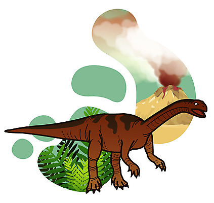 EPS 식물 동물 척추동물 캐릭터 한마리 일러스트 파충류 사람없음 풀 풀잎 연기 폭발 공룡 화산 분출 분화구 용암 화산폭발 공룡캐릭터 멸종 중생대 활화산 마소스폰딜루스 백악기 초식 일러캐릭터 1 잎 산 풀_식물 역사 초식공룡 파일형식 벡터