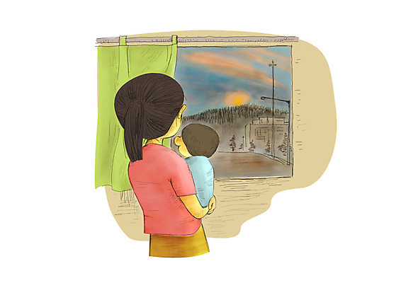 PSD 공공시설 여자 남자 길 가로등 일러스트 창문 안기 엄마 사람 두명 일몰 아기 신생아 커튼 사회이슈 창가 사회복지 복지 창밖 미혼모 복지시설 국내일러스트 컨셉 가족 모션 노을 시설 파일형식