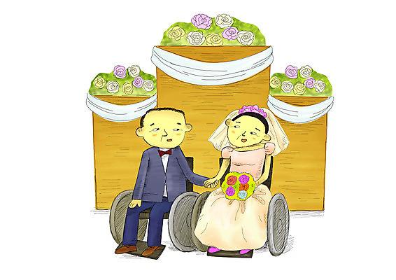 전신 PSD 부부 커플 여자 남자 꽃 신부 부케 웨딩드레스 신랑 결혼 일러스트 결혼식 면사포 사람 앉기 정장 턱시도 두명 장식 손잡기 사회 장애인 사회이슈 사회복지 복지 휠체어 예식장 국내일러스트 식물 드레스 옷 꽃다발 컨셉 관계 모션 이벤트 공간 결혼소품 장애 공동체 파일형식