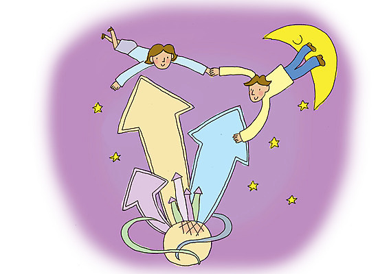 전신 PSD 기호 여자 남자 화살표 별 지구 일러스트 비즈니스 협력 사람 두명 우주 손잡기 달 비행 업무 도움 직장인 비즈니스맨 비즈니스우먼 작업실 초승달 상승 오르기 국내일러스트 자연요소 직업 문자 컨셉 모션 작업 파일형식