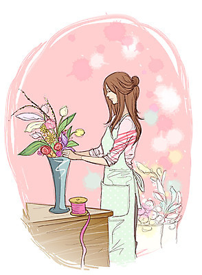 EPS 직업 여자 꽃 리본 일러스트 탁자 실내 한명 사람 20대 성인 장식 꽃병 앞치마 전문직 꽃집 꽃꽂이 책상 원예가 플로리스트 여자만 여자한명만 성인여자만 청년만 청년여자만 성인한명만 청년여자한명만 성인여자한명만 성인만 국내일러스트 식물 1 가구 청년 내부 상점 원예 파일형식 벡터