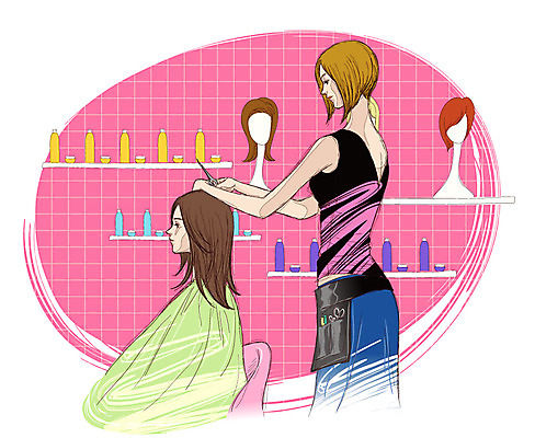 EPS 직업 여자 의자 일러스트 가위 실내 사람 두명 전문직 미용실 뷰티샵 미용사 이발 자르기 고객 직원 가발 머리손질 헤어용품 여자만 국내일러스트 가구 모션 문구용품 내부 뷰티 상점 미용용품 파일형식 벡터