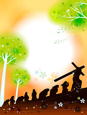 EPS 나무 식물 여자 남자 꽃잎 실루엣 기독교 종교 백그라운드 십자가 일러스트 사람 이벤트 여러명 야외 고통 예수 고민 사순절 국내일러스트 꽃 감정 다수 촬영기법 신_종교 파일형식 벡터