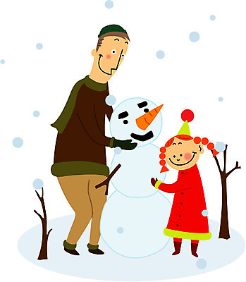 나무 여자 남자 딸 어린이 겨울 일러스트 가족 눈사람 사람 두명 눈 아빠 부녀 국내일러스트 자연요소 식물 계절 관계 날씨