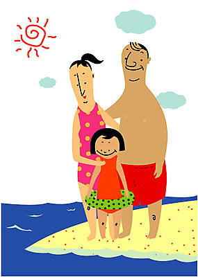 EPS 주간 라이프스타일 여자 남자 수영복 어린이 여행 일러스트 가족 엄마 휴가 사람 해변 야외 세명 여름휴가 바캉스 태양 아빠 핵가족 즐거움 튜브 국내일러스트 자연요소 옷 감정 바다 관계 생활 파일형식 벡터 여름_계절