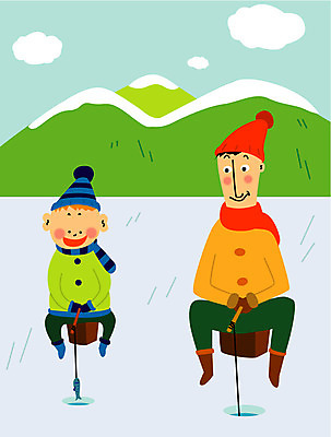 EPS 라이프스타일 남자 어린이 겨울 일러스트 가족 낚시 산 어류 사람 야외 두명 얼음 아빠 얼음낚시 빙상 남자만 국내일러스트 자연요소 계절 관계 레저 생활 수중동물 파일형식 벡터