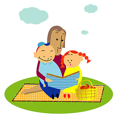 EPS 구름 라이프스타일 여자 남자 어린이 과일 일러스트 가족 엄마 사람 잔디 야외 책 세명 독서 소풍 돗자리 국내일러스트 자연요소 식물 관계 생활 야외활동 파일형식 벡터