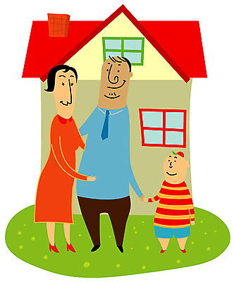 EPS 여자 남자 행복 어린이 일러스트 가족 엄마 주택 사람 잔디 야외 세명 아빠 핵가족 국내일러스트 식물 감정 관계 건물 파일형식 벡터