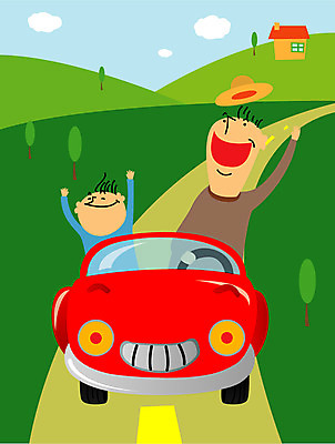 EPS 모자 라이프스타일 남자 도로 어린이 일러스트 가족 교통시설 자동차 산 주택 사람 야외 두명 드라이브 아빠 즐거움 남자만 국내일러스트 잡화 감정 길 육상교통 교통 관계 건물 생활 운전 시설 파일형식 벡터