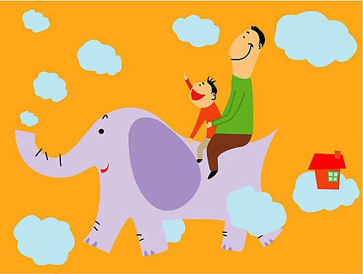EPS 동물 구름 남자 어린이 일러스트 가족 상상 코끼리 주택 사람 두명 아빠 남자만 국내일러스트 자연요소 포유류 관계 건물 파일형식 벡터