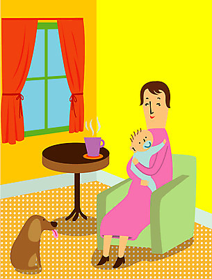 EPS 라이프스타일 여자 반려견 거실 일러스트 창문 가족 탁자 엄마 휴식 실내 사람 두명 컵 소파 아기 커튼 개 강아지 여자만 국내일러스트 식기 가구 컨셉 의자 포유류 관계 내부 생활 반려동물 파일형식 벡터