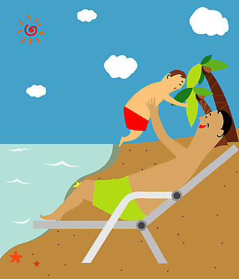 EPS 나무 구름 라이프스타일 남자 어린이 바다 일러스트 가족 하늘 휴가 휴식 불가사리 사람 해변 야외 두명 여름휴가 바캉스 모래사장 야자수 태양 아빠 선베드 야외의자 남자만 국내일러스트 자연요소 식물 컨셉 의자 관계 극피동물 생활 파일형식 벡터 여름_계절