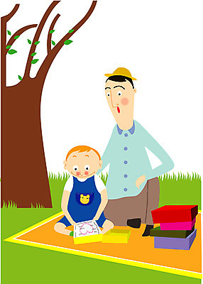 EPS 나무 식물 라이프스타일 남자 어린이 일러스트 가족 사람 소년 잔디 야외 두명 상자 소풍 하트 아빠 편지 돗자리 도시락 남자만 국내일러스트 모양 음식 관계 생활 야외활동 파일형식 벡터