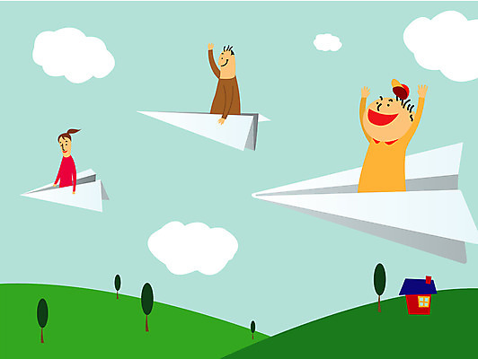 EPS 나무 식물 구름 여자 남자 아들 어린이 일러스트 가족 상상 하늘 엄마 산 주택 사람 소년 세명 비행 아빠 종이비행기 핵가족 언덕 국내일러스트 자연요소 관계 건물 종이접기 파일형식 벡터