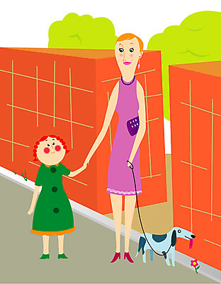EPS 나무 식물 라이프스타일 여자 꽃 딸 반려견 길 어린이 일러스트 가족 엄마 사람 소녀 야외 두명 담장 산책 개 강아지 골목길 여자만 국내일러스트 포유류 관계 휴식 생활 반려동물 파일형식 벡터