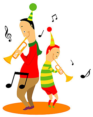 EPS 남자 아들 어린이 악기 음악 연주 음표 일러스트 가족 관악기 사람 소년 두명 고깔모자 아빠 높은음자리표 나팔 즐거움 트럼펫 합주 남자만 국내일러스트 모자_잡화 기호 감정 관계 문화예술 금관악기 파일형식 벡터