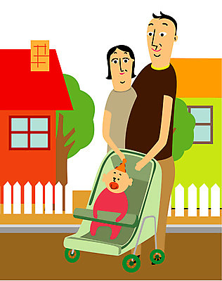 EPS 나무 식물 라이프스타일 여자 남자 일러스트 가족 엄마 주택 사람 야외 세명 울타리 산책 아기 아빠 핵가족 유모차 국내일러스트 관계 휴식 건물 생활 담장 아기용품 파일형식 벡터