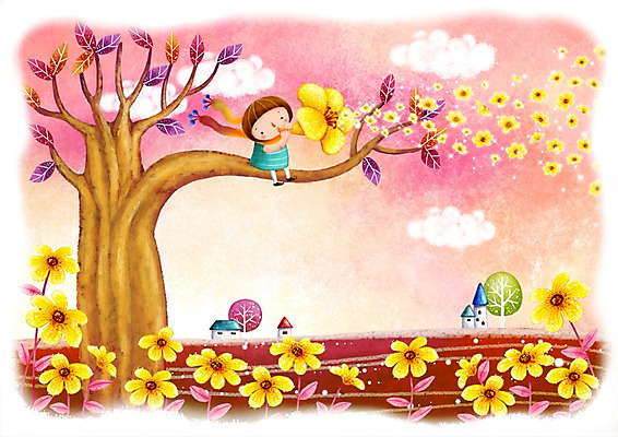 PSD 나무 식물 구름 남자 꽃잎 꽃 초등학생 어린이 일러스트 상상 하늘 나뭇잎 주택 한명 사람 앉기 소년 야외 건물 판타지 목도리 나팔 남자만 남자한명만 어린이만 소년만 소년한명만 국내일러스트 자연요소 1 학생 건축물 잡화 악기 잎 모션 파일형식