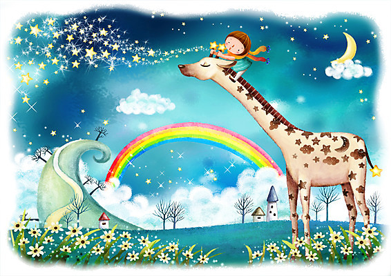PSD 나무 식물 동물 구름 남자 꽃 별 길 초등학생 어린이 무지개 꽃밭 일러스트 상상 밤하늘 하늘 주택 한명 사람 소년 야외 건물 판타지 목도리 달 덩굴 야간 기린 언덕 별뿌리기 남자만 남자한명만 어린이만 소년만 소년한명만 국내일러스트 자연요소 1 학생 건축물 잡화 포유류 파일형식