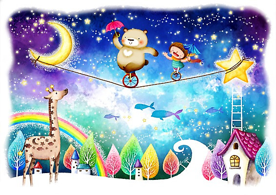 PSD 나무 식물 동물 남자 별 초등학생 어린이 줄 다수 무지개 일러스트 우산 사다리 곰 상상 밤하늘 하늘 주택 어류 한명 사람 소년 야외 건물 판타지 목도리 달 야간 묘기 서커스 기린 언덕 외발자전거 외줄타기 남자만 남자한명만 어린이만 소년만 소년한명만 국내일러스트 자연요소 1 학생 건축물 잡화 포유류 자전거 수중동물 도구 줄타기 파일형식