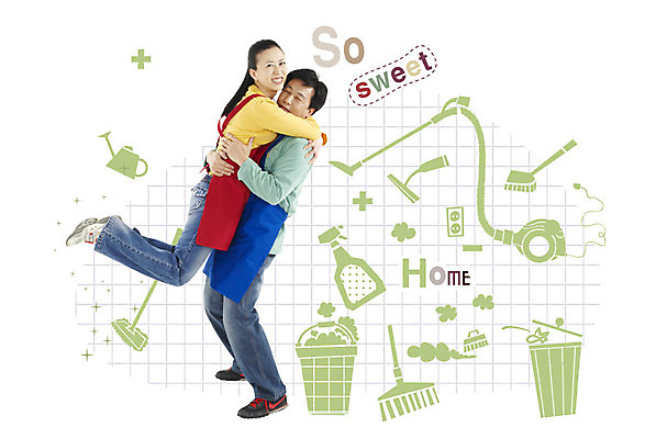 PSD 편집이미지 부부 커플 여자 남자 가사 안기 웃음 사람 두명 전자제품 앞치마 물뿌리개 쓰레기통 콘센트 전기에너지 청소도구 빗자루 청소 세제 청소기 걸레 이미지편집 관계 모션 표정 에너지 도구 파일형식