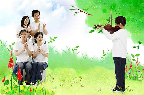 PSD 나무 식물 구름 편집이미지 여자 할아버지 남자 꽃 할머니 어린이 악기 연주 가족 하늘 엄마 현악기 손녀 대가족 웃음 사람 소녀 여러명 감상 풀 아빠 군중 박수 바이올린 손주 활 깨꽃 사루비아 샐비어 이미지편집 자연요소 노년 음악 다수 관계 표정 손짓 파일형식