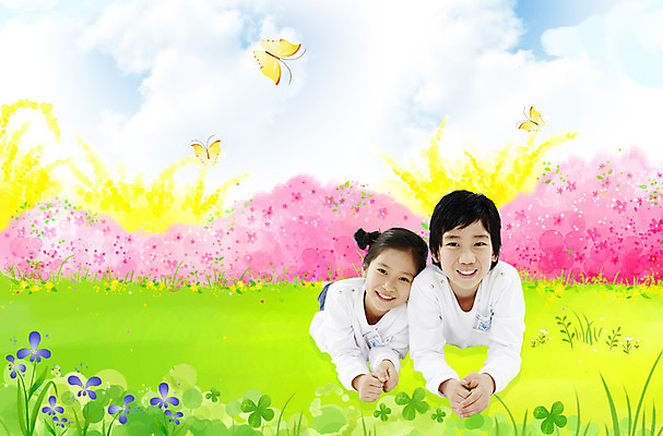 PSD 식물 구름 편집이미지 여자 남자 꽃 어린이 엎드리기 나비 백그라운드 꽃밭 가족 하늘 남매 웃음 사람 풍경 소녀 소년 잔디 두명 봄 풀 네잎클로버 클로버 개나리 제비꽃 어린이만 이미지편집 자연요소 계절 곤충 관계 모션 표정 파일형식