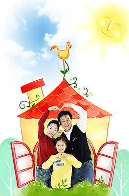 PSD 나무 식물 구름 편집이미지 여자 남자 어린이 창문 가족 하늘 엄마 주택 굴뚝 웃음 사람 소녀 세명 태양 문 하트 풀 아빠 덩굴 핵가족 풍향계 이미지편집 자연요소 모양 관계 표정 건물 기계 파일형식