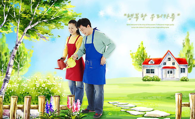 PSD 나무 식물 편집이미지 부부 커플 여자 남자 꽃 백그라운드 하늘 주택 사람 풍경 잔디 두명 울타리 정원 앞치마 봄 물뿌리개 돌_바위 물주기 이미지편집 계절 관계 모션 건물 담장 파일형식