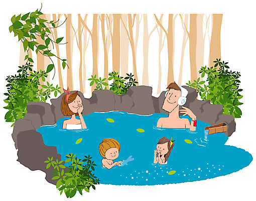 EPS 나무 식물 여자 남자 딸 아들 어린이 여행 일러스트 가족 엄마 열쇠 휴식 나뭇잎 사람 소녀 소년 여러명 야외 수건 소풍 온천 돌_바위 풀 아빠 숲 노천탕 국내일러스트 다수 컨셉 잎 관계 위생용품 야외활동 스파 파일형식 벡터