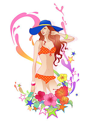 EPS 모자 문양 라이프스타일 계절 여자 패션 수영복 꽃 별 포즈 무늬 일러스트 팔찌 한명 사람 20대 성인 라이프 여름 쇼핑 비키니 유행 귀걸이 비치웨어 여자만 여자한명만 성인여자만 청년만 청년여자만 성인한명만 청년여자한명만 성인여자한명만 성인만 국내일러스트 자연요소 식물 1 잡화 옷 장신구 청년 생활 파일형식 벡터