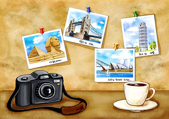 PSD 커피 여행 일러스트 잔 사람없음 전자제품 카메라 가전제품 압정 커피잔 찻잔 수집 기념사진 안식처 국내일러스트 식기 음료 휴식 사무용품 파일형식