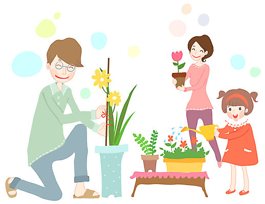 EPS 식물 라이프스타일 여자 남자 꽃 딸 화분 어린이 가사 일러스트 가족 엄마 사람 소녀 세명 부모 물뿌리개 자녀 원형 아빠 핵가족 물주기 원예 가꾸기 식물키우기 국내일러스트 도형 관계 모션 취미 생활 파일형식 벡터