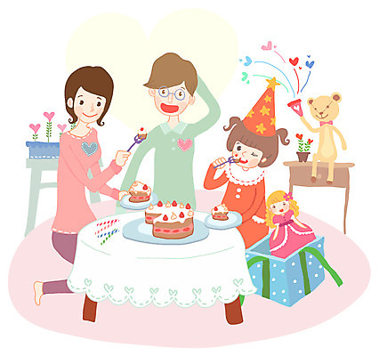 EPS 라이프스타일 여자 남자 딸 행복 어린이 인형 일러스트 가족 탁자 엄마 실내 선물 사람 소녀 세명 부모 파티 케이크 고깔모자 자녀 생일파티 생일 아빠 핵가족 생일상 국내일러스트 모자_잡화 기념일 감정 가구 관계 디저트 이벤트 내부 생활 파일형식 벡터