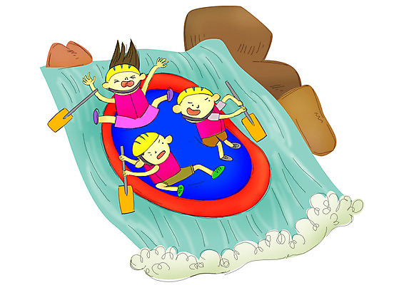 전신 PSD 계절 여자 남자 초등학생 어린이 일러스트 방학 여름방학 사람 소녀 소년 야외 세명 여름 계곡 폭포 돌_바위 바위 보트 급류 안전모 헬멧 무서움 하락 급류타기 노 구명조끼 고무보트 어린이만 국내일러스트 학생 감정 컨셉 배_교통 자연 휴가 수상스포츠 안전장비 보호장비 구조용품 선박 파일형식 여름_계절