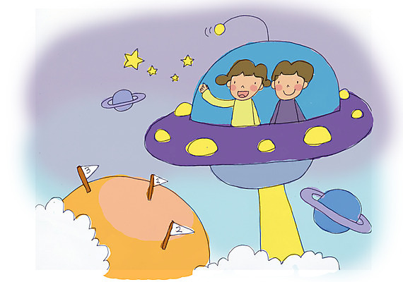 PSD 여자 어린이교육 교육 남자 별 초등학생 어린이 일러스트 상상 사람 소녀 소년 상반신 두명 우주 행성 깃발 우주선 우주여행 우주탐사 어린이만 국내일러스트 자연요소 학생 여행 파일형식