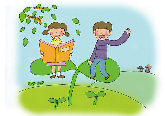 전신 PSD 나무 식물 여자 어린이교육 교육 남자 초등학생 어린이 일러스트 나뭇잎 주택 들기 사람 앉기 소녀 소년 두명 건물 책 독서 새싹 나뭇가지 인사 언덕 어린이만 국내일러스트 학생 건축물 잎 모션 예절 파일형식