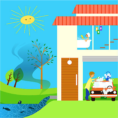 EPS 주간 나무 식물 여자 남자 일러스트 자동차 주택 욕조 어류 사람 두명 건물 태양 문 환경 목욕 거품 환경오염 오염 세제 냄새 대기오염 비누거품 수질오염 악취 세차 상수 폐사 하수 합성세제 국내일러스트 자연요소 건축물 육상교통 컨셉 물 수중동물 청결 사회이슈 파일형식 벡터