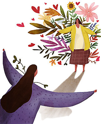 전신 PSD 식물 여자 꽃 딸 행복 일러스트 가족 모녀 엄마 팔벌리기 해바라기 사랑 사람 성인 두명 달리기 만남 자녀 하트 풀 그리움 여자만 국내일러스트 모양 감정 컨셉 관계 모션 파일형식