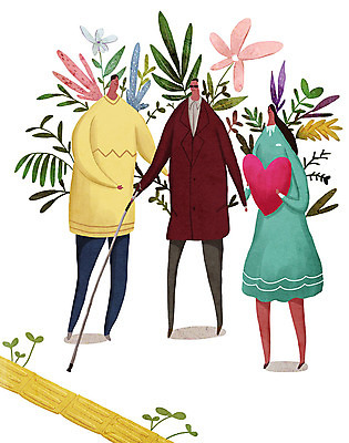 전신 PSD 여자 남자 일러스트 지팡이 친절 사랑 들기 사람 성인 세명 하트 도움 풀 보도블럭 배려 시각장애인 점자 평등 성인만 국내일러스트 모양 식물 감정 컨셉 모션 보행로 장애인 파일형식