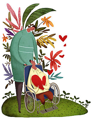 전신 PSD 남자 꽃 일러스트 친절 사랑 들기 사람 초원 성인 두명 하트 풀 장애인 휠체어 배려 평등 성인남자만 성인만 국내일러스트 모양 식물 감정 컨셉 모션 장애 남자만 파일형식